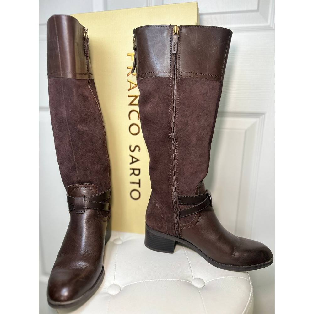 Franco Sarto Lapis Riding Boots Brown Leather Suede Knee High Box 7.5